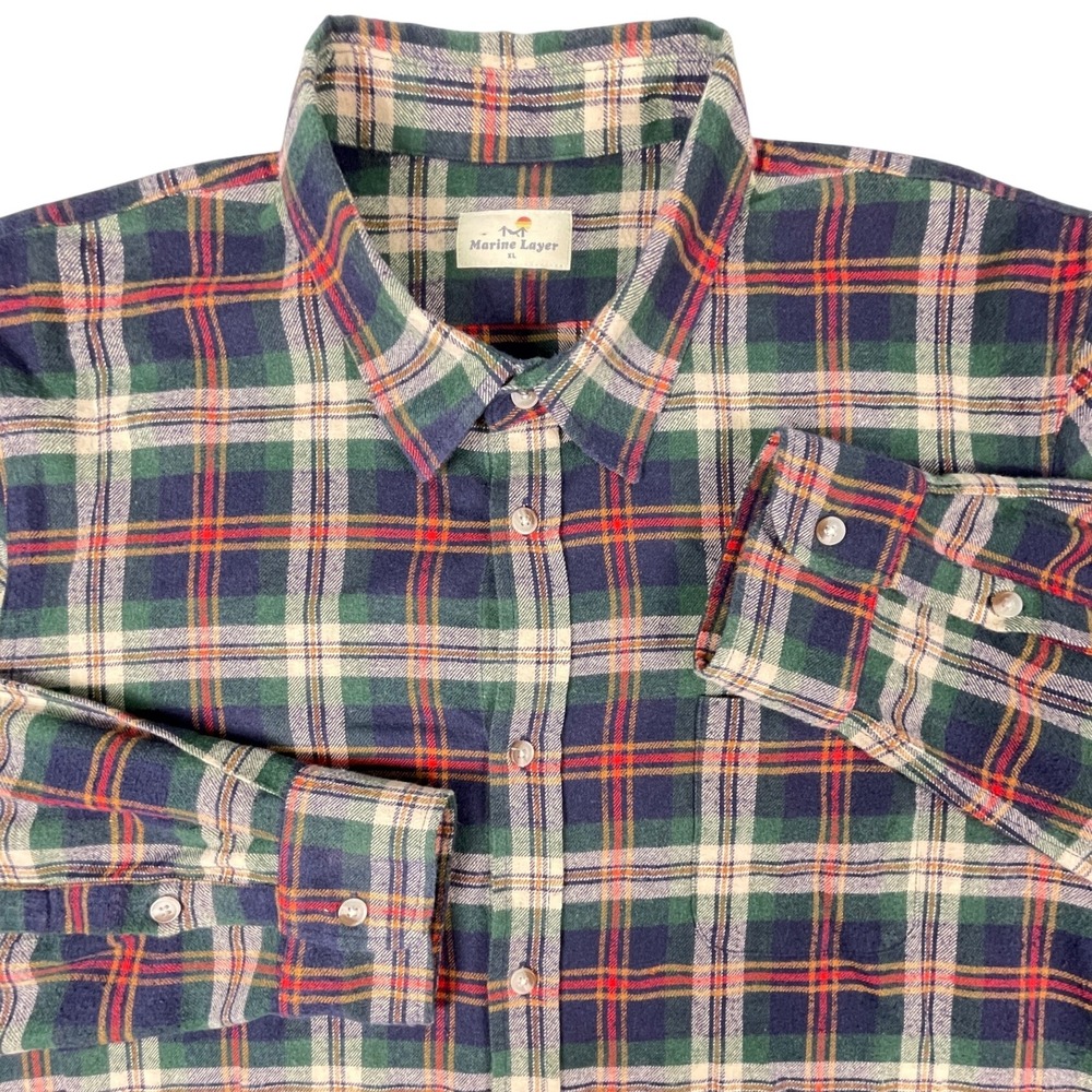 Marine Layer Shirt Mens XL Green Plaid Flannel Long Sleeve Button Down Casual